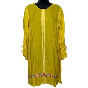 Sana Safinaz Yellow Embroidered Dress L‎ Long Solit Sleeve Tunic Top Boho